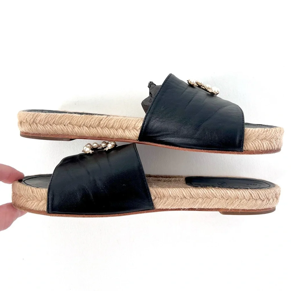 CHANEL | Pearl Embellished CC Logo Black Leather Espadrille Slide Sandals EU 37 - Picture 13 of 14